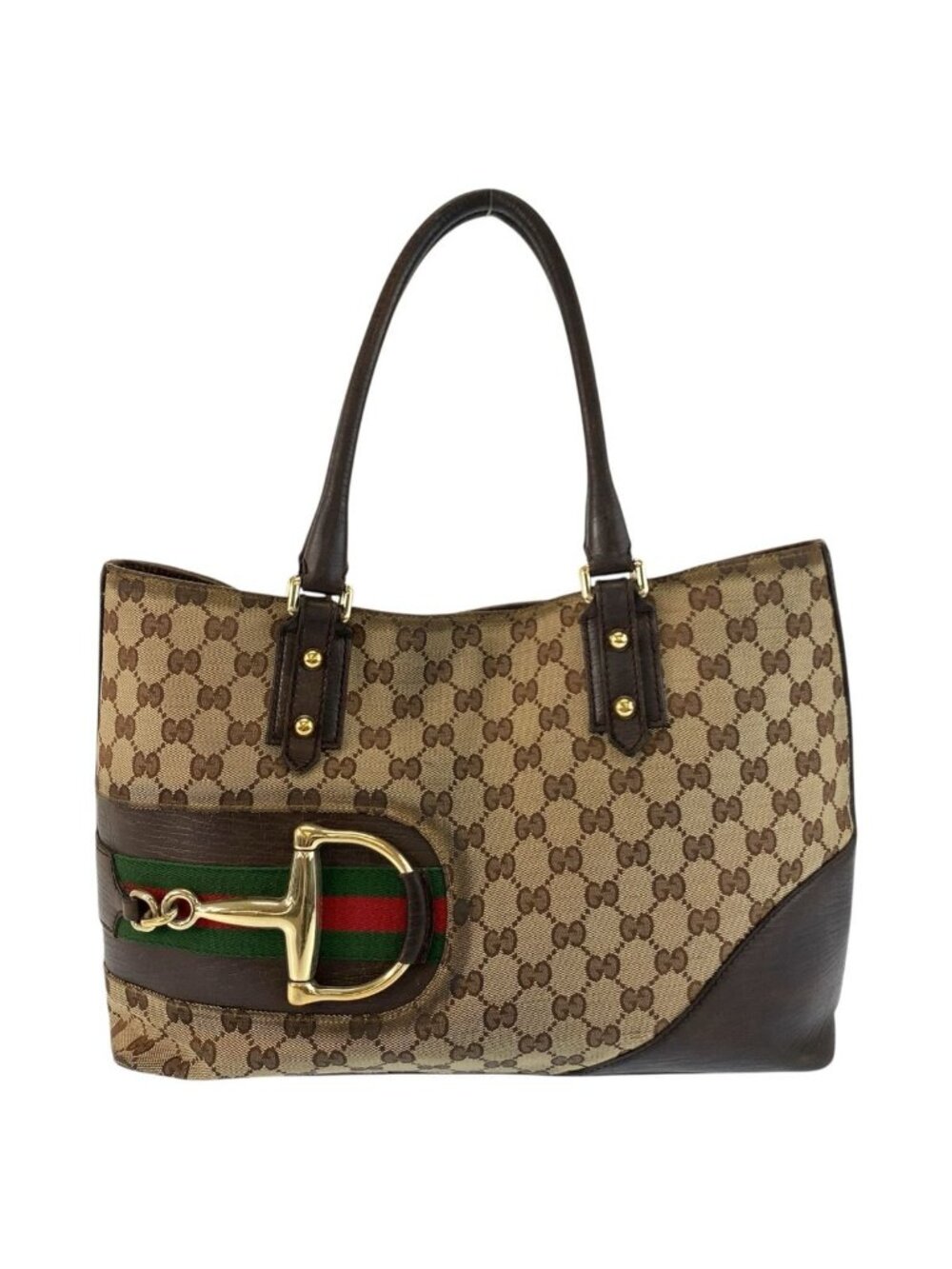 Gucci Horsebit Sherry Line Brown Beige GG Canvas Tote Shoulder Bag